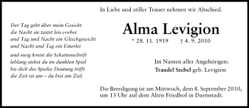 Traueranzeige von Alma Levigion von Darmstädter Echo, Odenwälder Echo, Rüsselsheimer Echo, Groß-Gerauer-Echo, Ried Echo