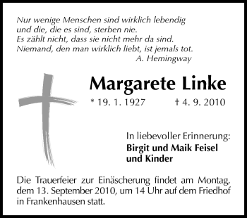 Traueranzeige von Margarete Linke von Darmstädter Echo, Odenwälder Echo, Rüsselsheimer Echo, Groß-Gerauer-Echo, Ried Echo