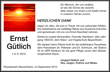 Traueranzeige von Ernst Gütlich von Rüsselsheimer Echo, Groß-Gerauer-Echo, Ried Echo