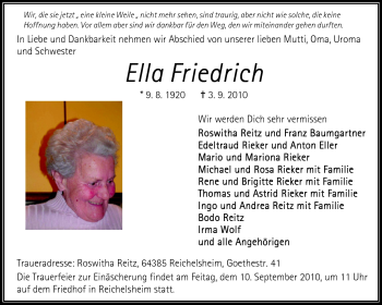 Traueranzeige von Ella Friedrich von Odenwälder Echo
