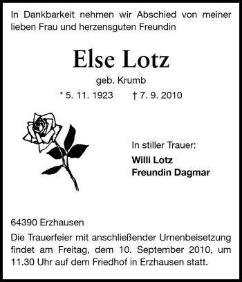Traueranzeige von Else Lotz von Echo-Zeitungen (Gesamtausgabe)