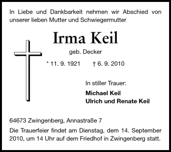 Traueranzeige von Irma Keil von Echo-Zeitungen (Gesamtausgabe)