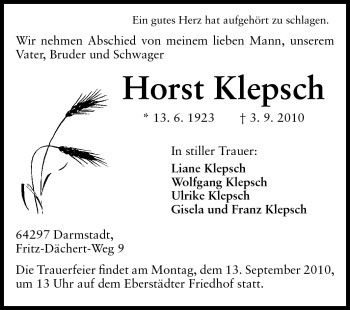 Traueranzeige von Horst Klepsch von Echo-Zeitungen (Gesamtausgabe)