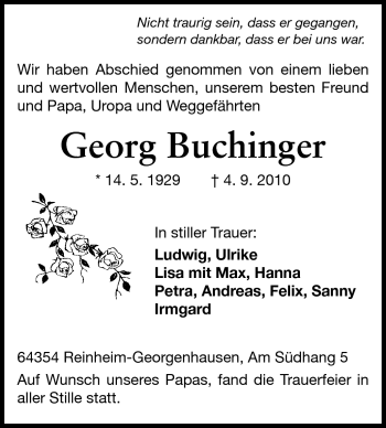 Traueranzeige von Georg Buchinger von Echo-Zeitungen (Gesamtausgabe)