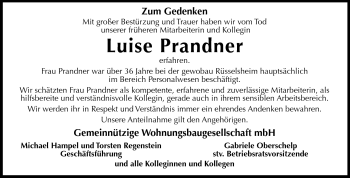 Traueranzeige von Luise Prandner von Rüsselsheimer Echo, Groß-Gerauer-Echo, Ried Echo