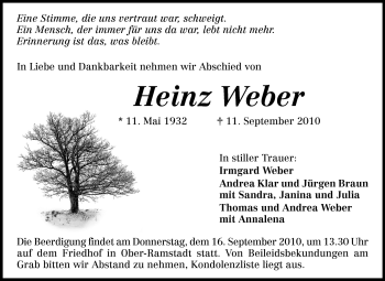 Traueranzeige von Heinz Weber von Darmstädter Echo, Odenwälder Echo, Rüsselsheimer Echo, Groß-Gerauer-Echo, Ried Echo