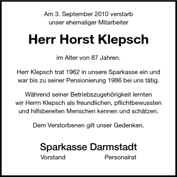 Traueranzeige von Horst Klepsch von Echo-Zeitungen (Gesamtausgabe)