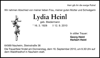 Traueranzeige von Lydia Heindl von Rüsselsheimer Echo, Groß-Gerauer-Echo, Ried Echo
