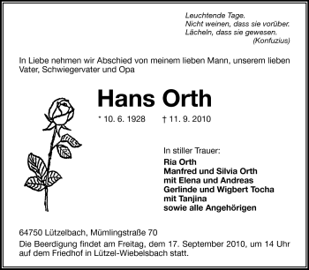 Traueranzeige von Hans Orth von Odenwälder Echo