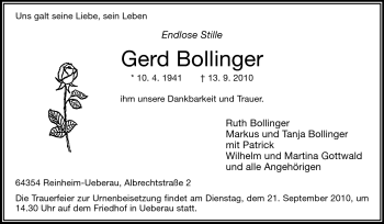 Traueranzeige von Gerd Bollinger von Echo-Zeitungen (Gesamtausgabe)
