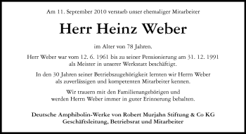 Traueranzeige von Heinz Weber von Darmstädter Echo, Odenwälder Echo, Rüsselsheimer Echo, Groß-Gerauer-Echo, Ried Echo