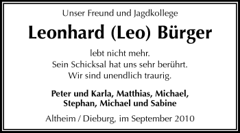Traueranzeige von Leonhard Bürger von Echo-Zeitungen (Gesamtausgabe)
