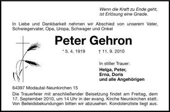 Traueranzeige von Peter Gehron von Echo-Zeitungen (Gesamtausgabe)