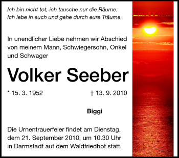 Traueranzeige von Volker Seeber von Darmstädter Echo, Odenwälder Echo, Rüsselsheimer Echo, Groß-Gerauer-Echo, Ried Echo