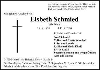 Traueranzeige von Elsbeth Schmied von Odenwälder Echo