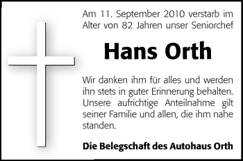 Traueranzeige von Hans Orth von Odenwälder Echo