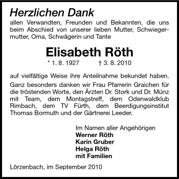 Traueranzeige von Elisabeth Röth von Starkenburger Echo