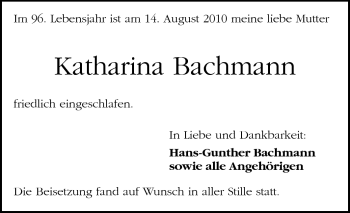 Traueranzeige von Katharina Bachmann von Echo-Zeitungen (Gesamtausgabe)