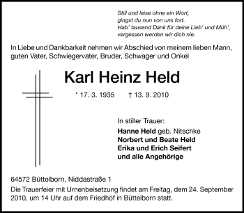 Traueranzeige von Karl Heinz Held von Rüsselsheimer Echo, Groß-Gerauer-Echo, Ried Echo