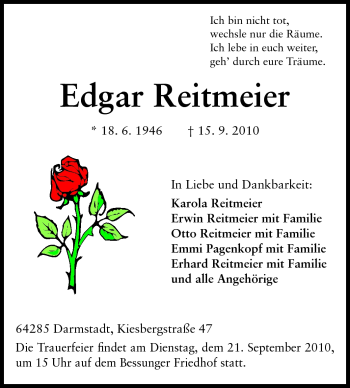Traueranzeige von Edgar Reitmeier von Darmstädter Echo, Odenwälder Echo, Rüsselsheimer Echo, Groß-Gerauer-Echo, Ried Echo