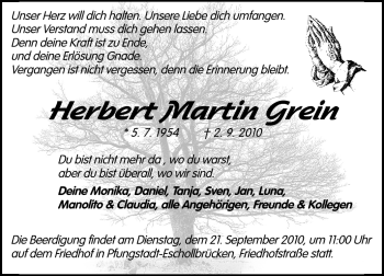 Traueranzeige von Hebert Martin Grein von Echo-Zeitungen (Gesamtausgabe)
