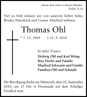 Traueranzeige von Thomas Ohl von Darmstädter Echo, Odenwälder Echo, Rüsselsheimer Echo, Groß-Gerauer-Echo, Ried Echo