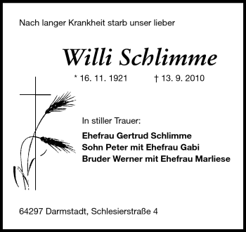 Traueranzeige von Willi Schlimme von Darmstädter Echo, Odenwälder Echo, Rüsselsheimer Echo, Groß-Gerauer-Echo, Ried Echo