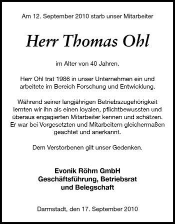 Traueranzeige von Thomas Ohl von Darmstädter Echo, Odenwälder Echo, Rüsselsheimer Echo, Groß-Gerauer-Echo, Ried Echo