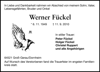 Traueranzeige von Werner Flückel von Rüsselsheimer Echo, Groß-Gerauer-Echo, Ried Echo