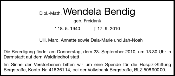 Traueranzeige von Wendela Bending von Echo-Zeitungen (Gesamtausgabe)