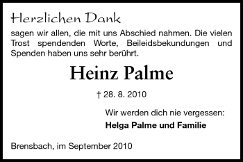 Traueranzeige von Heinz Palme von Echo-Zeitungen (Gesamtausgabe)