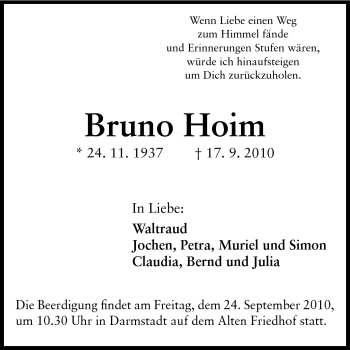 Traueranzeige von Bruno Hoim von Echo-Zeitungen (Gesamtausgabe)