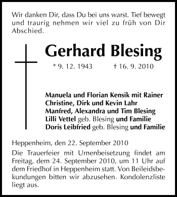 Traueranzeige von Gerhard Blesing von Starkenburger Echo