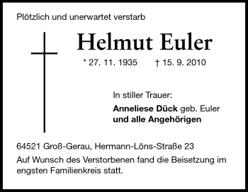 Traueranzeige von Helmut Euler von Rüsselsheimer Echo, Groß-Gerauer-Echo, Ried Echo