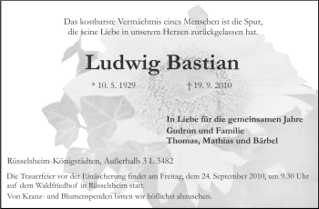 Traueranzeige von Ludwig Bastian von Rüsselsheimer Echo, Groß-Gerauer-Echo, Ried Echo
