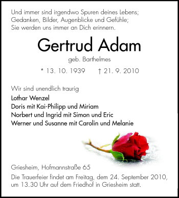 Traueranzeige von Gertrud Adam von Echo-Zeitungen (Gesamtausgabe)
