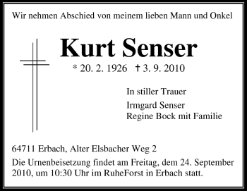 Traueranzeige von Kurt Senser von Odenwälder Echo