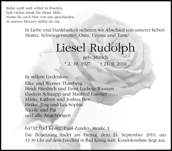 Traueranzeige von Liesel Rudolph von Odenwälder Echo
