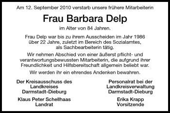 Traueranzeige von Barbara Delp von Darmstädter Echo, Odenwälder Echo, Rüsselsheimer Echo, Groß-Gerauer-Echo, Ried Echo