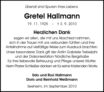 Traueranzeige von Gretel Hallmann von Echo-Zeitungen (Gesamtausgabe)