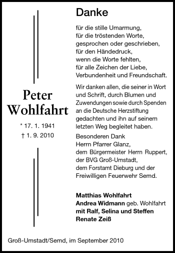 Traueranzeige von Peter Wohlfahrt von Darmstädter Echo, Odenwälder Echo, Rüsselsheimer Echo, Groß-Gerauer-Echo, Ried Echo