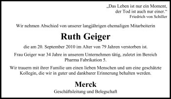 Traueranzeige von Ruth Geiger von Echo-Zeitungen (Gesamtausgabe)