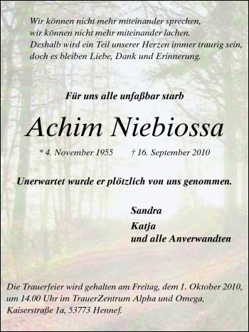 Traueranzeige von Achim Niebiossa von Echo-Zeitungen (Gesamtausgabe)