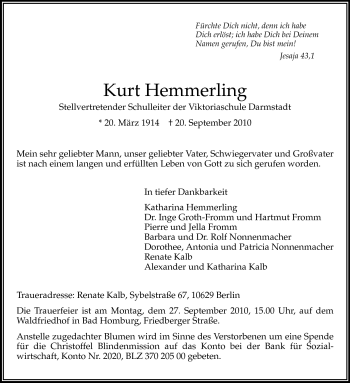 Traueranzeige von Kurt Hemmerling von Echo-Zeitungen (Gesamtausgabe)