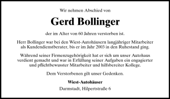 Traueranzeige von Gerd Bollinger von Echo-Zeitungen (Gesamtausgabe)