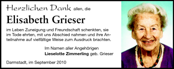 Traueranzeige von Elisabeth Grieser von Darmstädter Echo, Odenwälder Echo, Rüsselsheimer Echo, Groß-Gerauer-Echo, Ried Echo