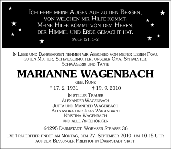 Traueranzeige von Marianne Wagenbach von Echo-Zeitungen (Gesamtausgabe)