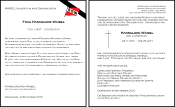 Traueranzeige von Hannelore Waibel von Echo-Zeitungen (Gesamtausgabe)