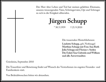 Traueranzeige von Jürgen Schupp von Echo-Zeitungen (Gesamtausgabe)