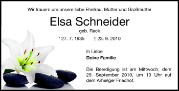 Traueranzeige von Elsa Schneider von Darmstädter Echo, Odenwälder Echo, Rüsselsheimer Echo, Groß-Gerauer-Echo, Ried Echo